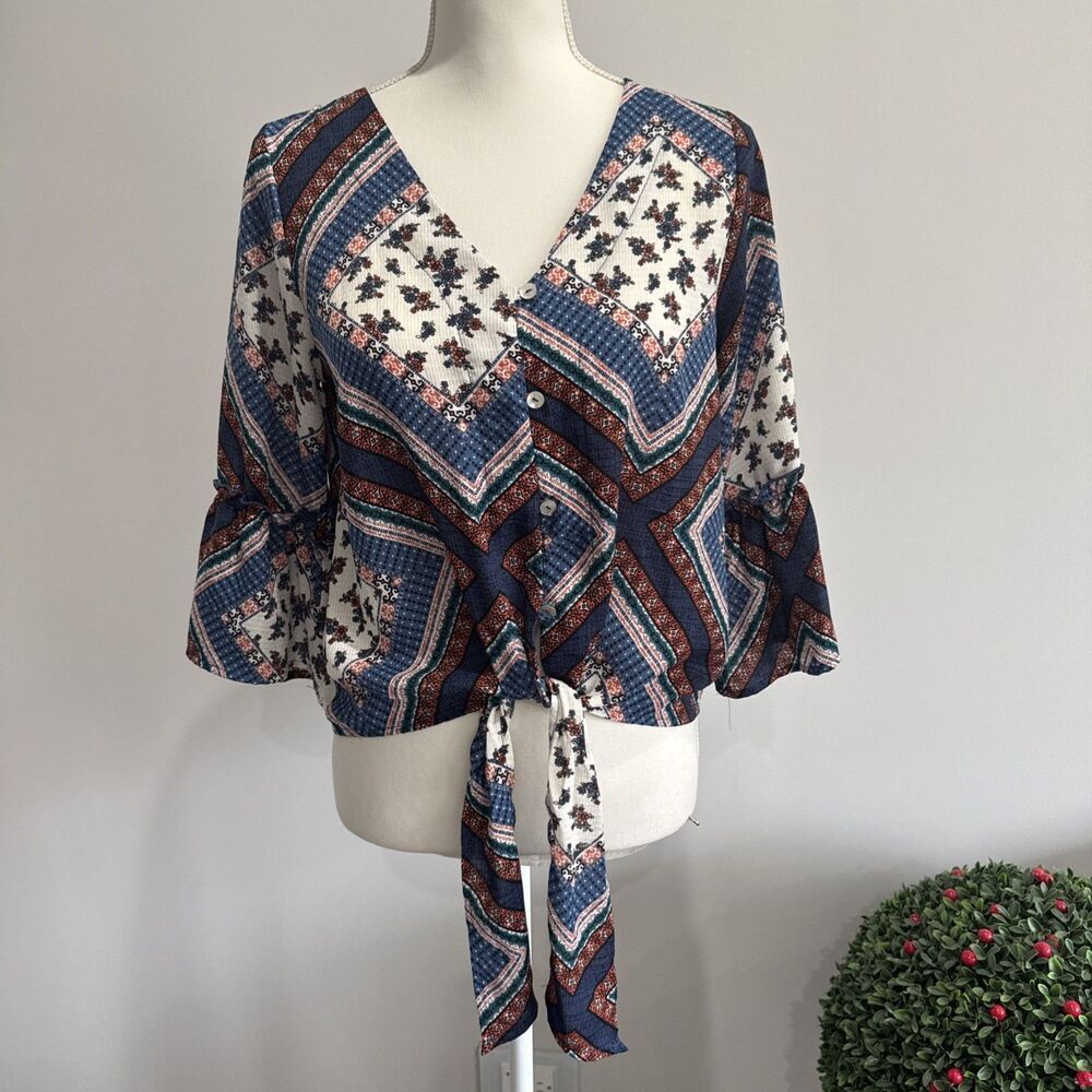 Altar’d State Button Front Top Women S Tie Waist 3/4 Flare Patchwork Print US